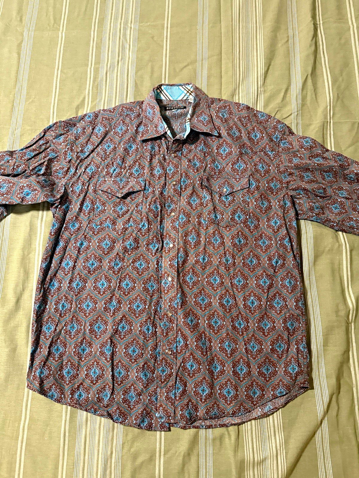 Stetson Men\'s XL Paisley Woven Cotton Button-Up Shirt Brown Blue Long Sleeve