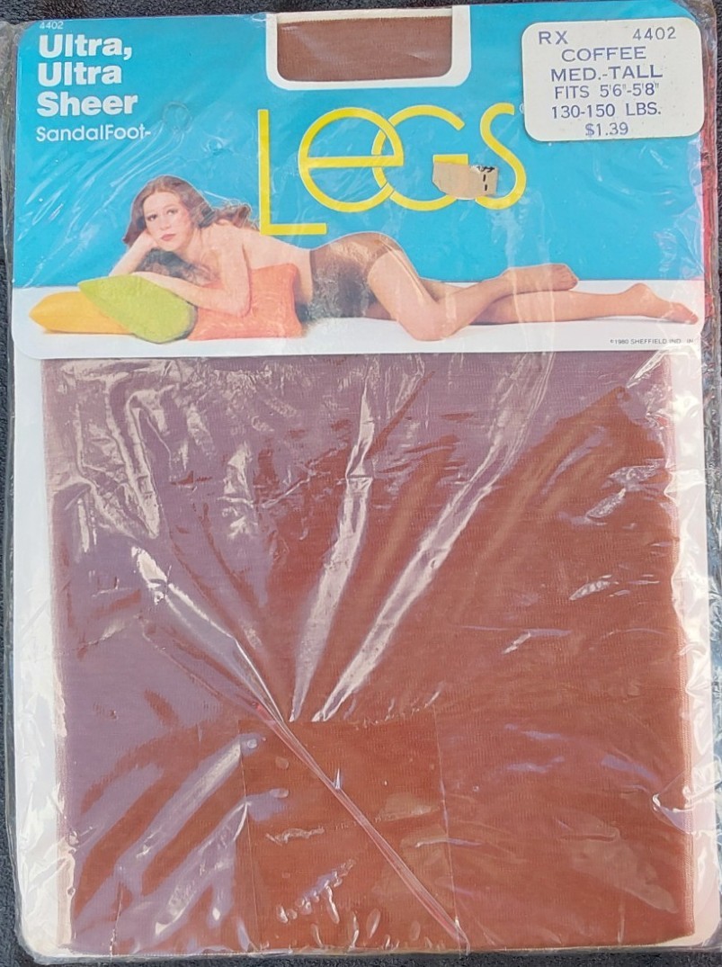 Vtg Sheffield LEGS Ultra, Ultra Sheer Sandalfoot 1980 Pantyhose COFFEE Med-Tall