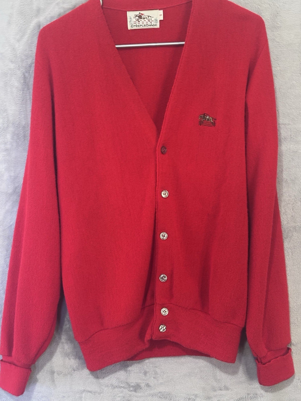 Vintage Steeplechase Red Cardigan Sweater Mens S Horse Rider Orlon Acrylic 70s