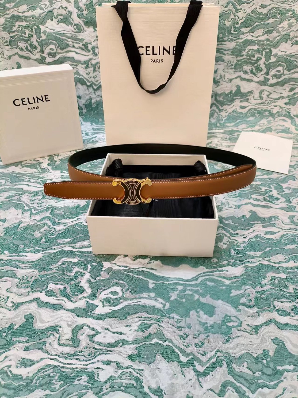 Celine Brown-Black Reversible Women\'s Genuine Leather Belt, Size 80