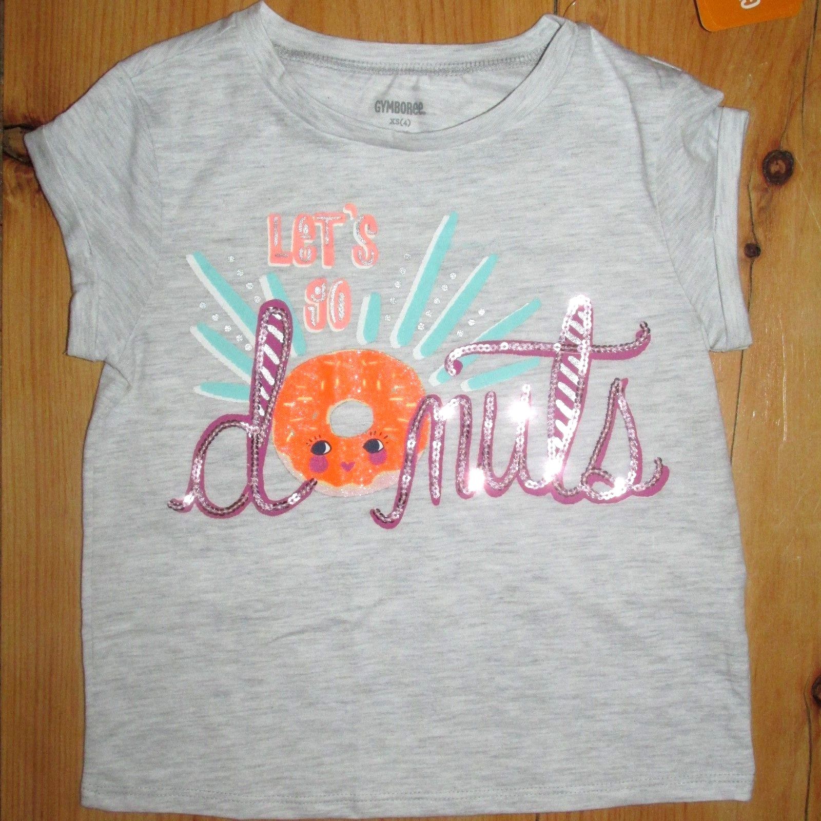 Gymboree Girls XS 4 Shirt Gray Pink Sequins Glitter Graphic Tee Top Donuts Food