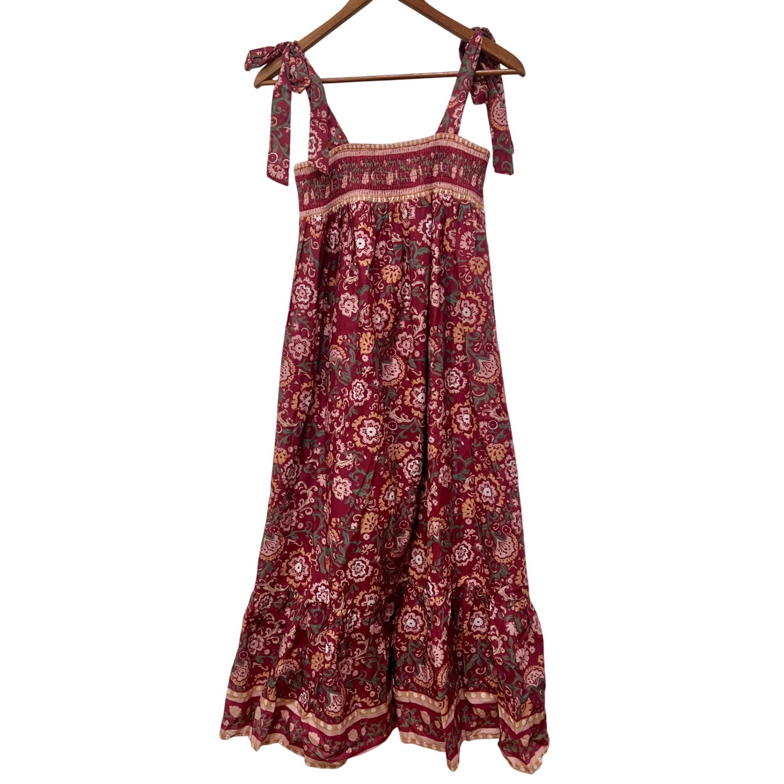Storia Womens Burgundy Floral Smocked Tiered Maxi Dress Bows S Boho Cottage
