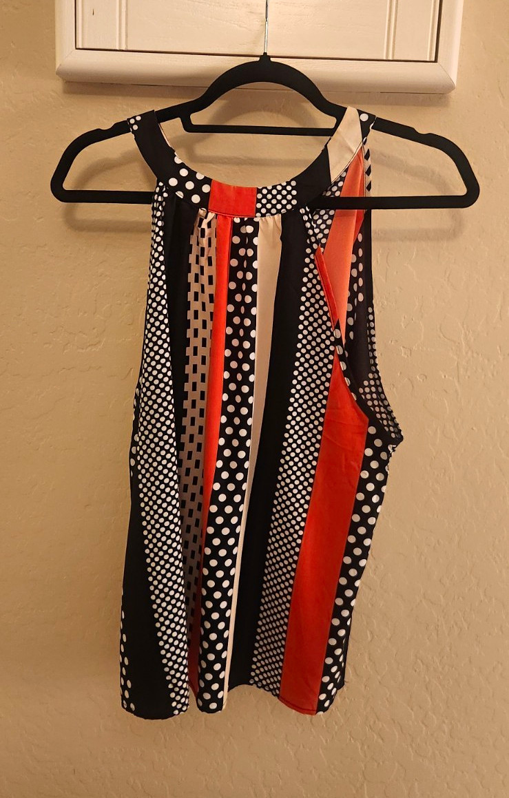 Women’s Black White Orange Polka Dot Halter Top Round Neck Sleeveless L
