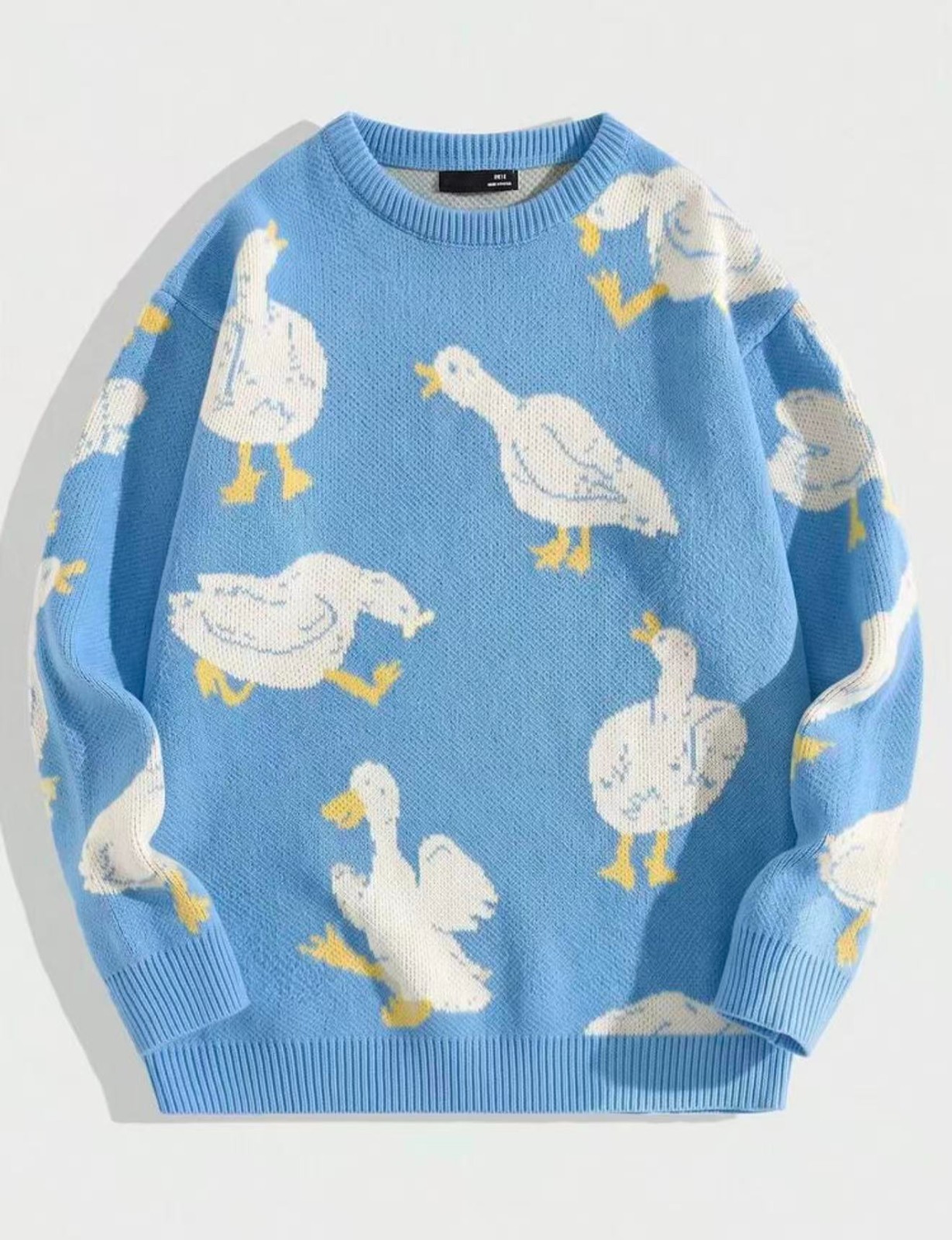Unisex Duck Print Knit Sweater Blue Oversized Crewneck Pullover Cute Y2K Fashion