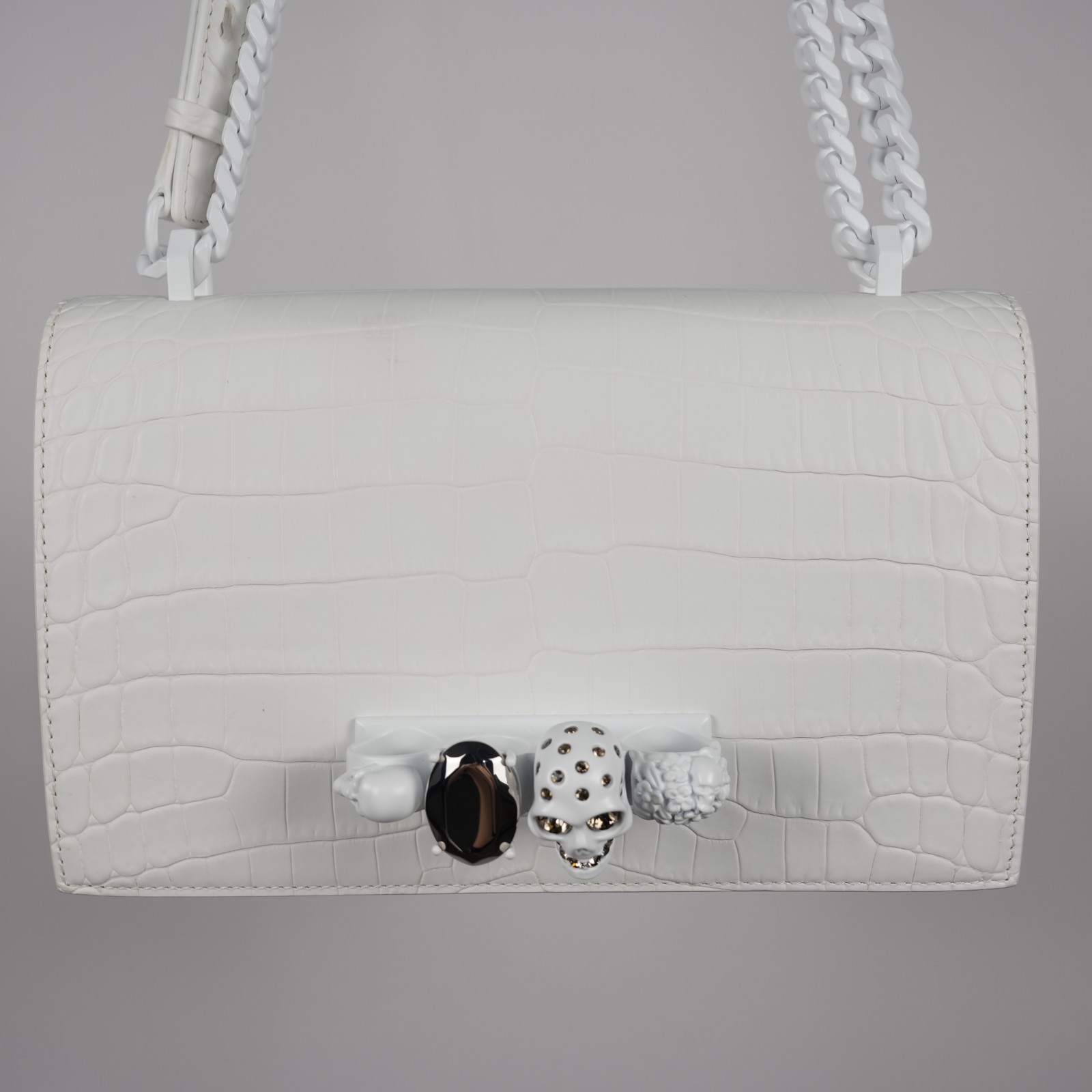 * Alexander McQueen Four Ring Shoulder Bag White Croc Embossed Leather