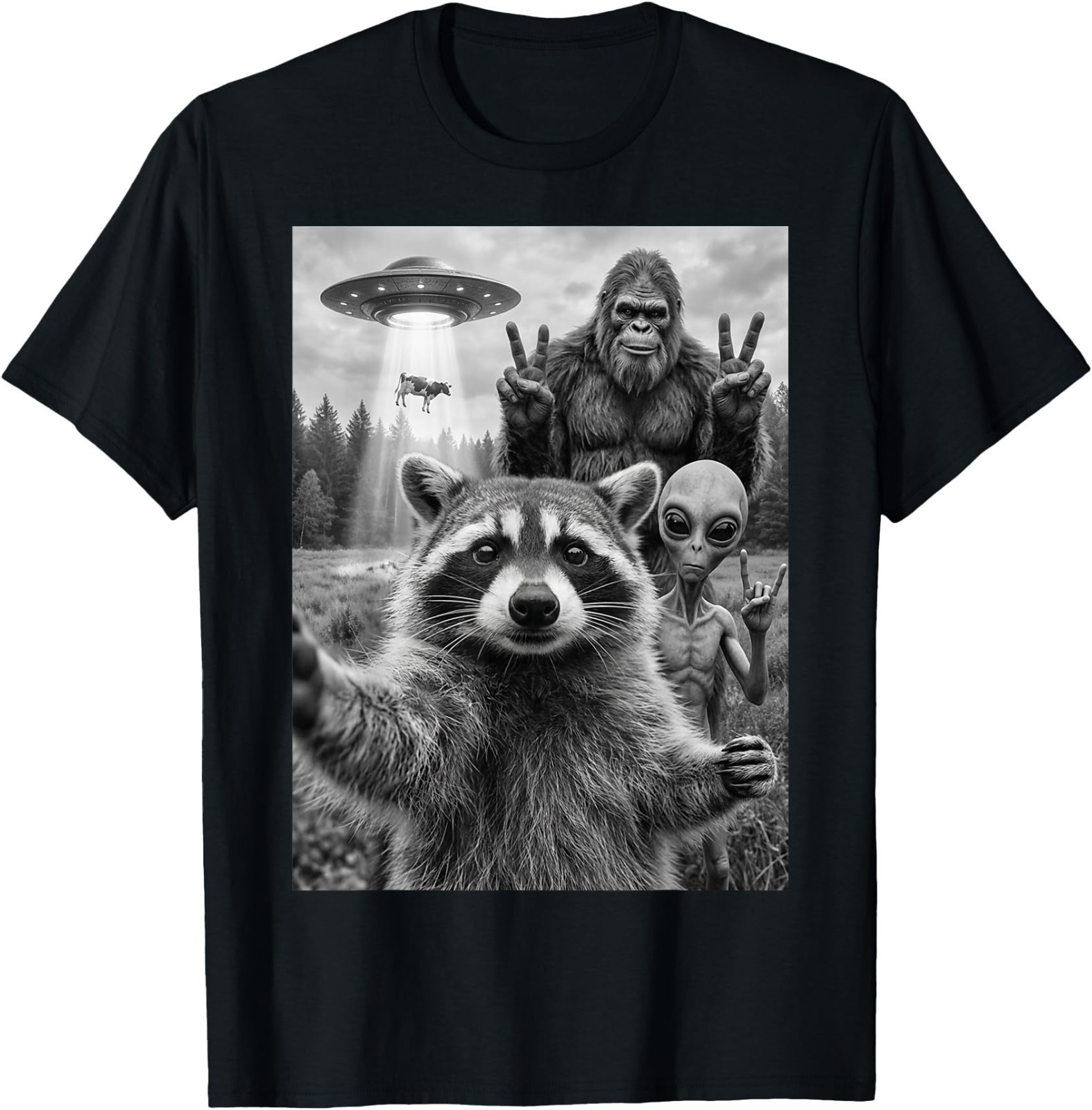 Funny Raccoon Selfie Bigfoot Alien UFO Cow Abduction Cryptid T-Shirt