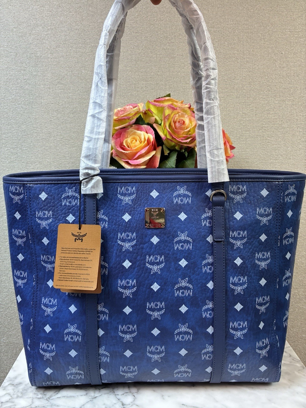 MCM Medium Blue Diamond Visetos Toni Shopper Tote Bag - NWT Retail $750