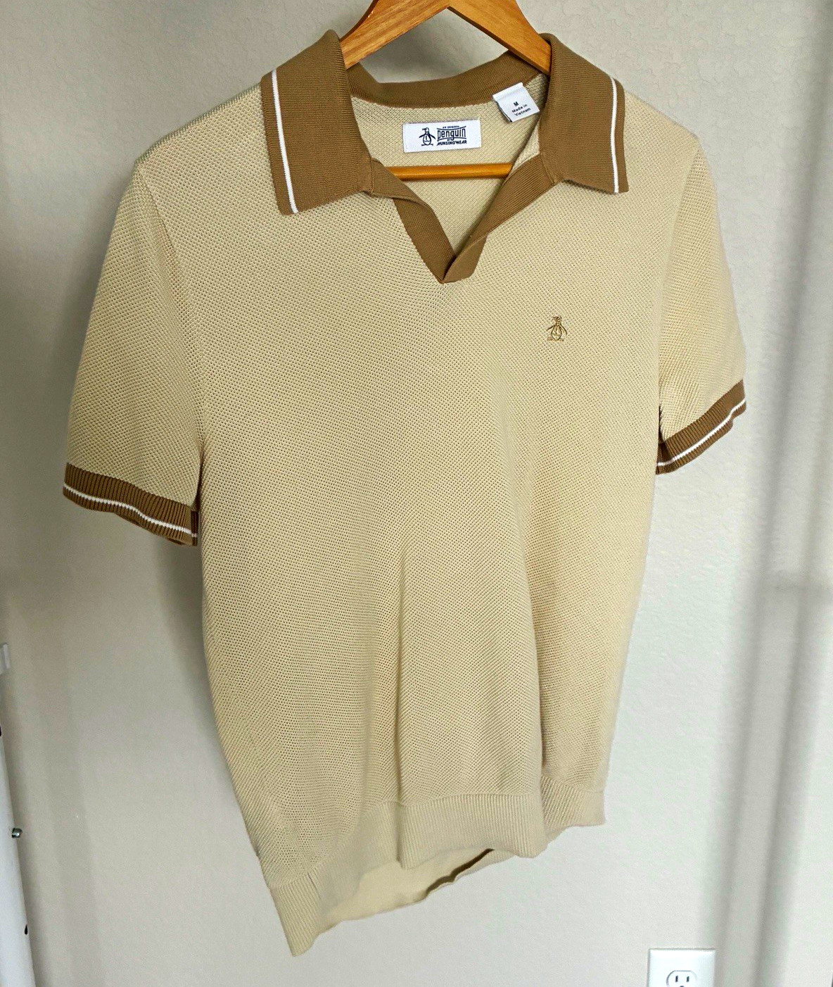 Original Penguin Men\'s Knit Polo Shirt M Short Sleeve Beige/Brown Embroidered