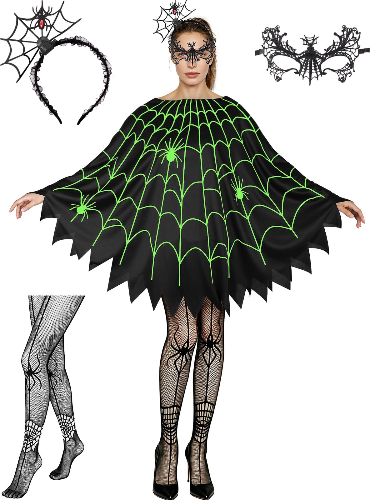 Wuclad 4 PCS Halloween Costumes for Women,Glow in Dark Spider Web Costume