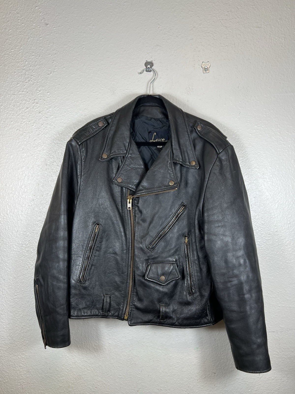Vtg 70s LESCO Leather Motorcycle Jacket Size 48 Mens Black Talon Zip - READ