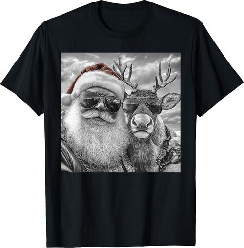Funny Santa Claus Reindeer Selfie Cool Retro Christmas T-Shirt