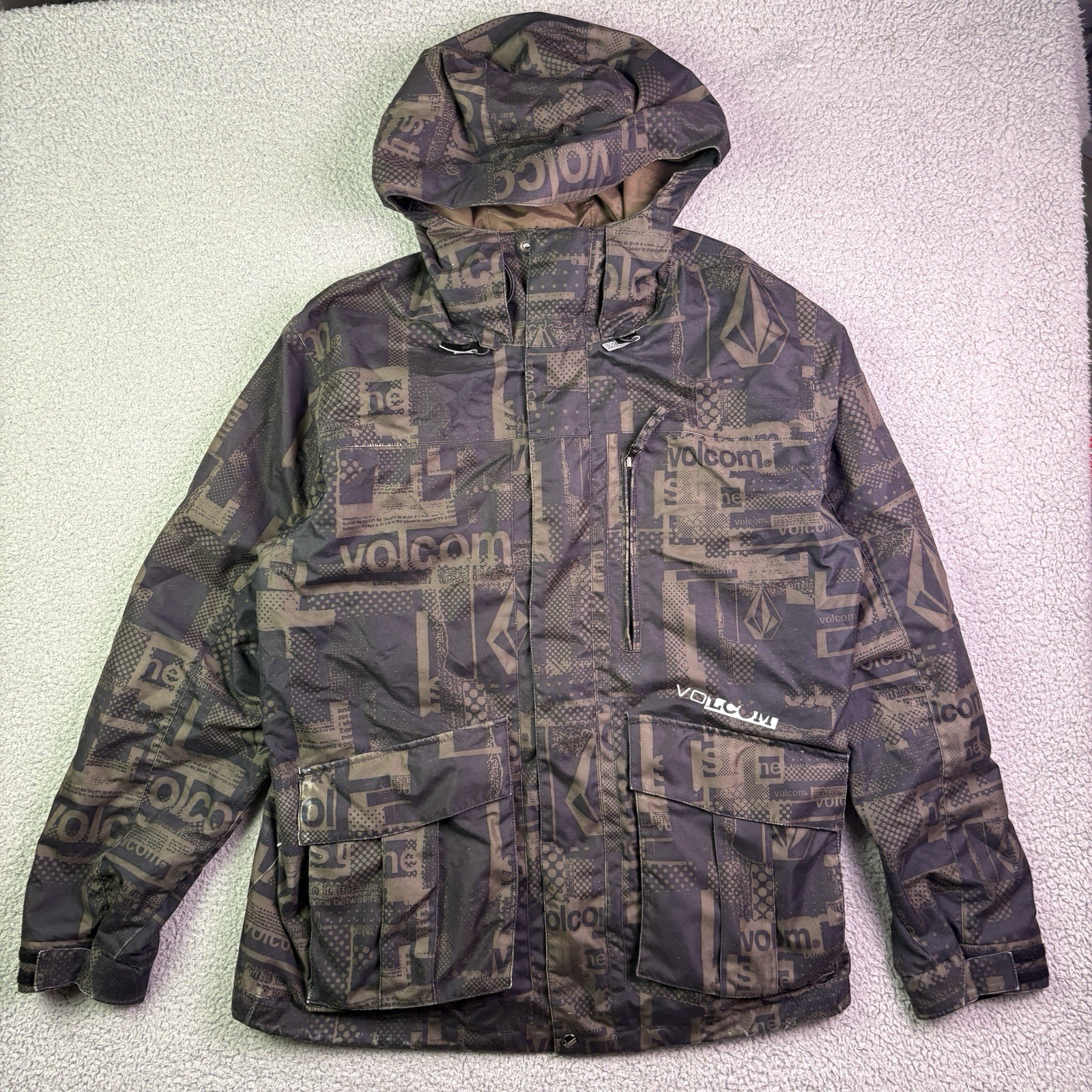 VTG Volcom Jacket Mens Large Y2K AOP Full Zip Gorpcore Hooded Nimbus Coat