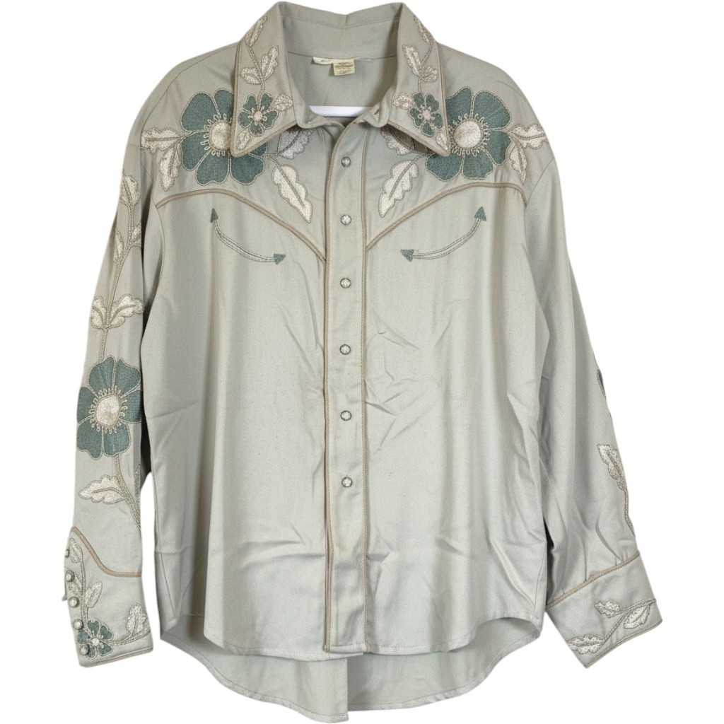 Vintage Ann N Eve of California Womens Western Floral Embroidered Shirt Tan L