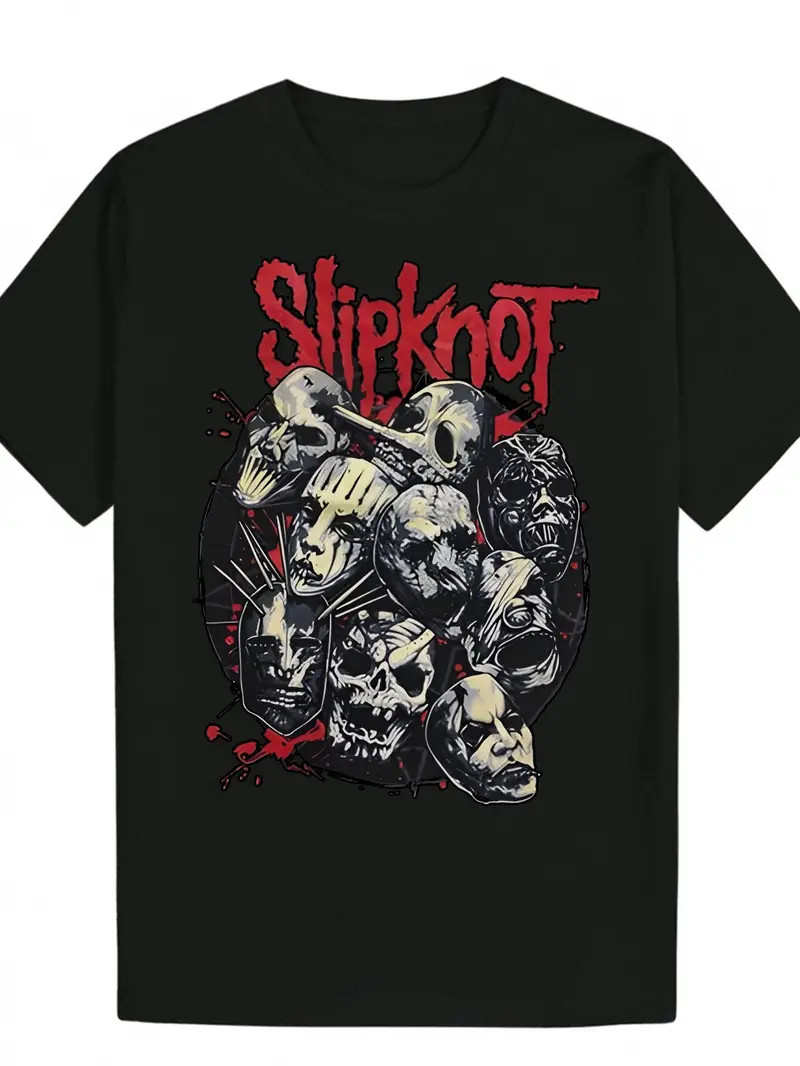 Black Polyester Men\'s Slipknot Graphic Tee | Casual T-Shirt with Skull Design,