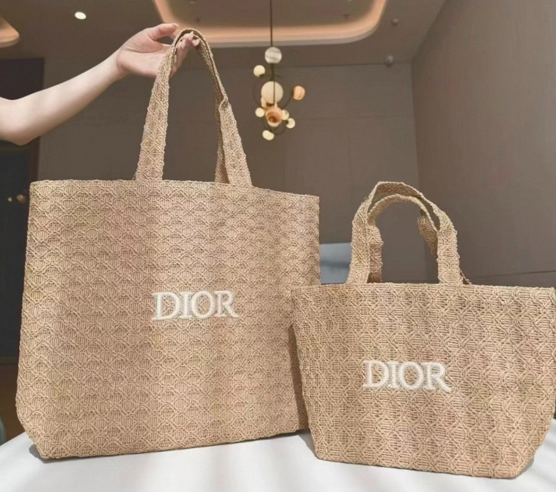 Dior Beauty VIP Gift Woven Tote Bag Beige Embroidered Logo Large and Small New