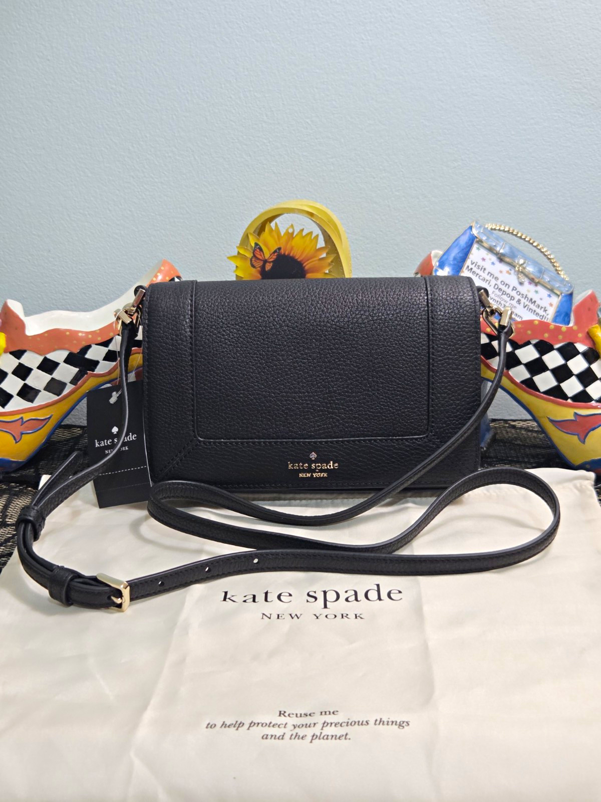 Kate Spade Lena Small Flap Crossbody Bag Black Leather KH784, NWT