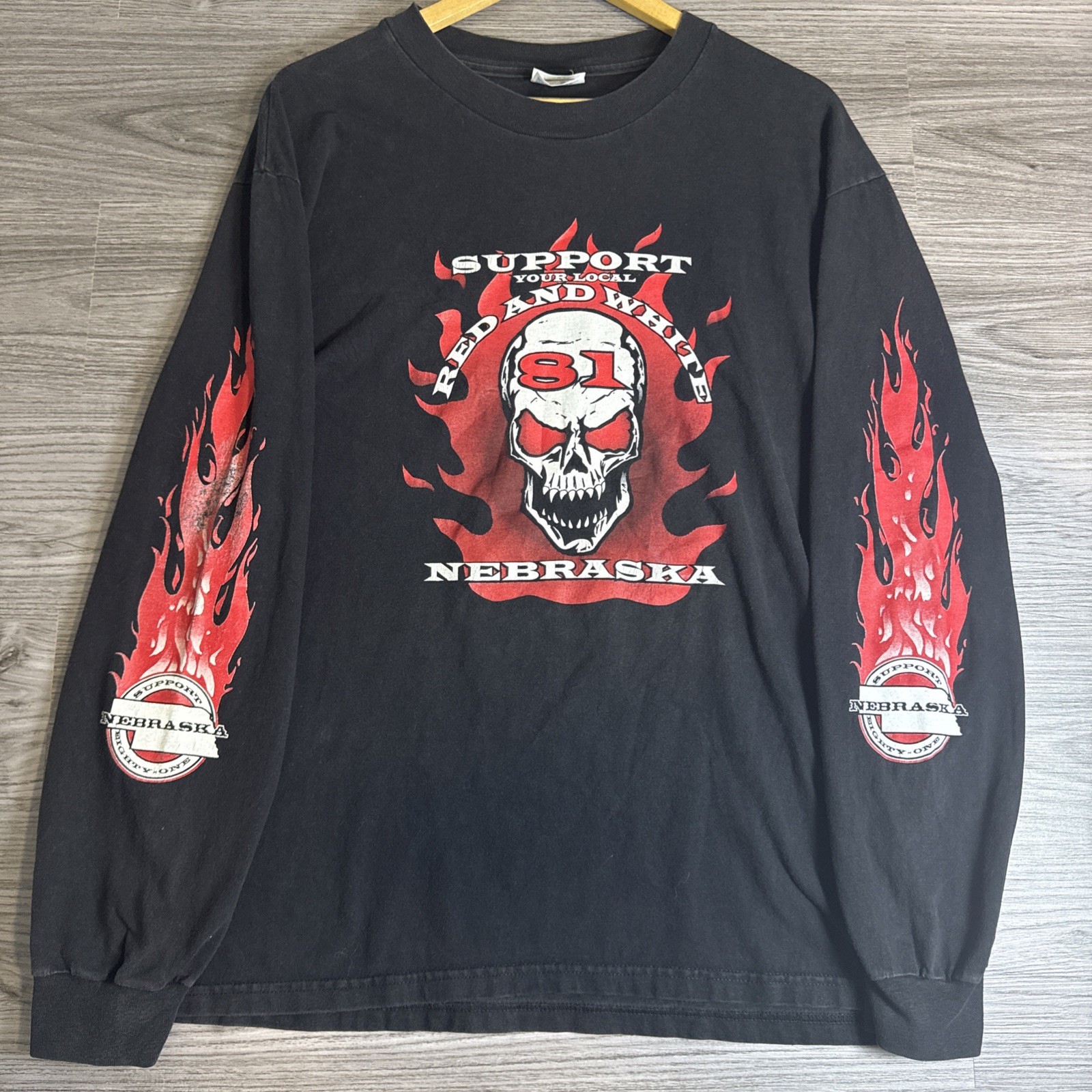 Vintage Faded 90s Hells Angels Support Nebraska Long Sleeve Flames Black Mens L