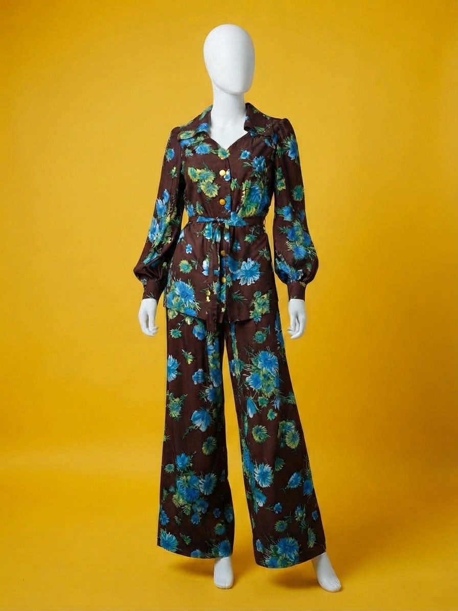 Vintage 1970s Brown Floral 2 Piece Pant Set Size M