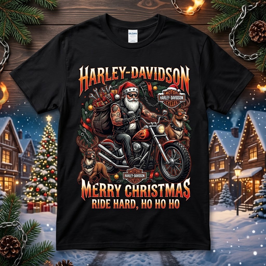 Funny Christmas Harley Motorcycle Unisex Black T-Shirt #02, iconic figure, S-5XL