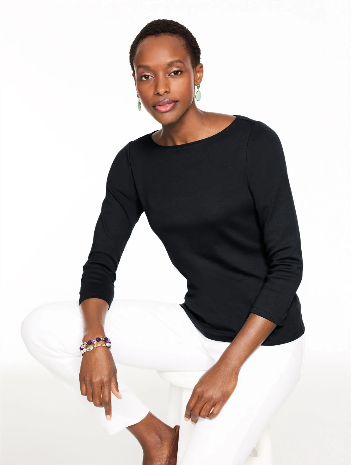 Talbots Solid Bateau Neck Tee Pima Cotton Women\'s Small, Black, New with Tags