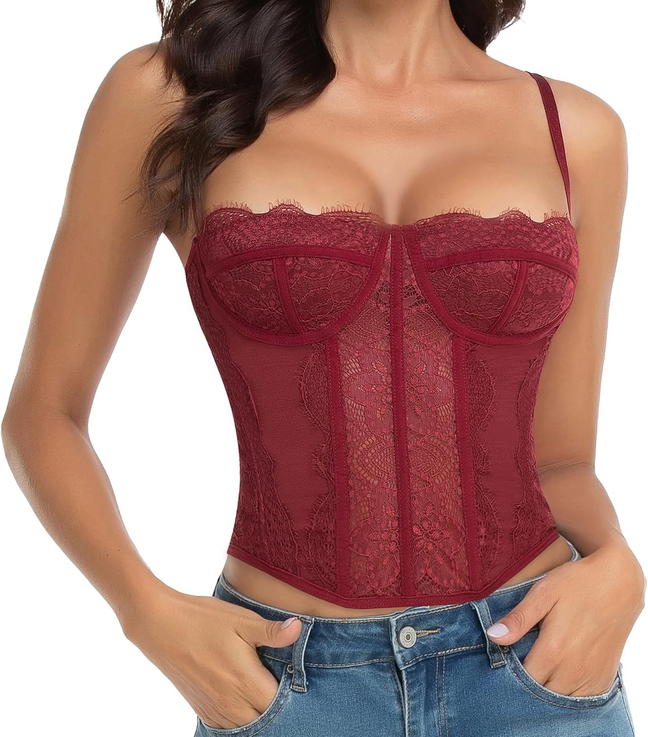 Raxnode Lace Bustier Corset Top Burgundy - Sexy Party Club Going Out Top L