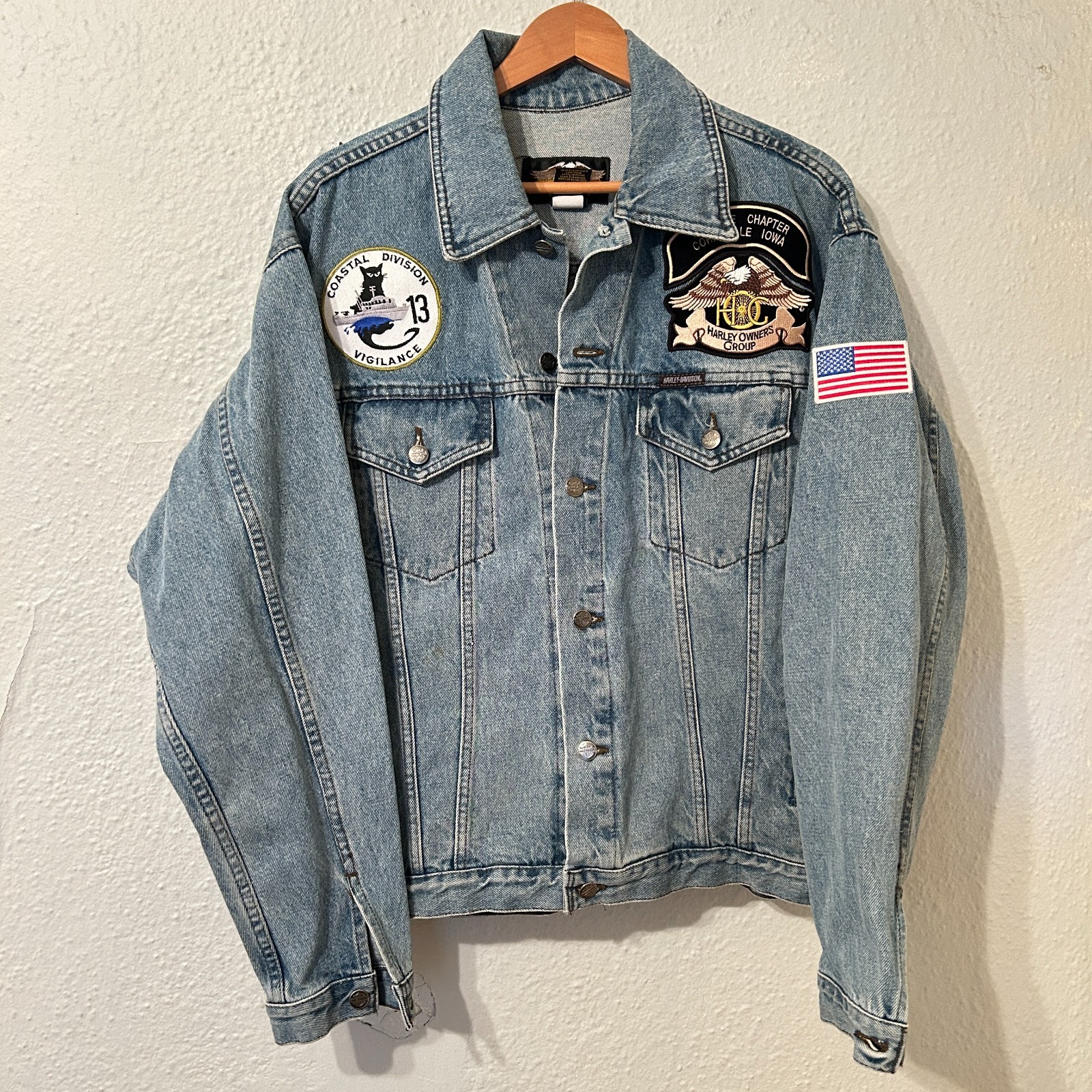 Vintage Harley Davidson Motorcycles Mens Sz M Embroidered Patch Denim Jacket