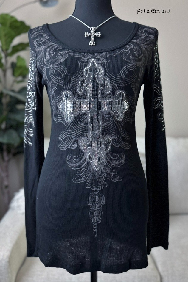 Vocal Apparel Women\'s Crystal Black Silver Sequin Cross Long Shirt L Large USA