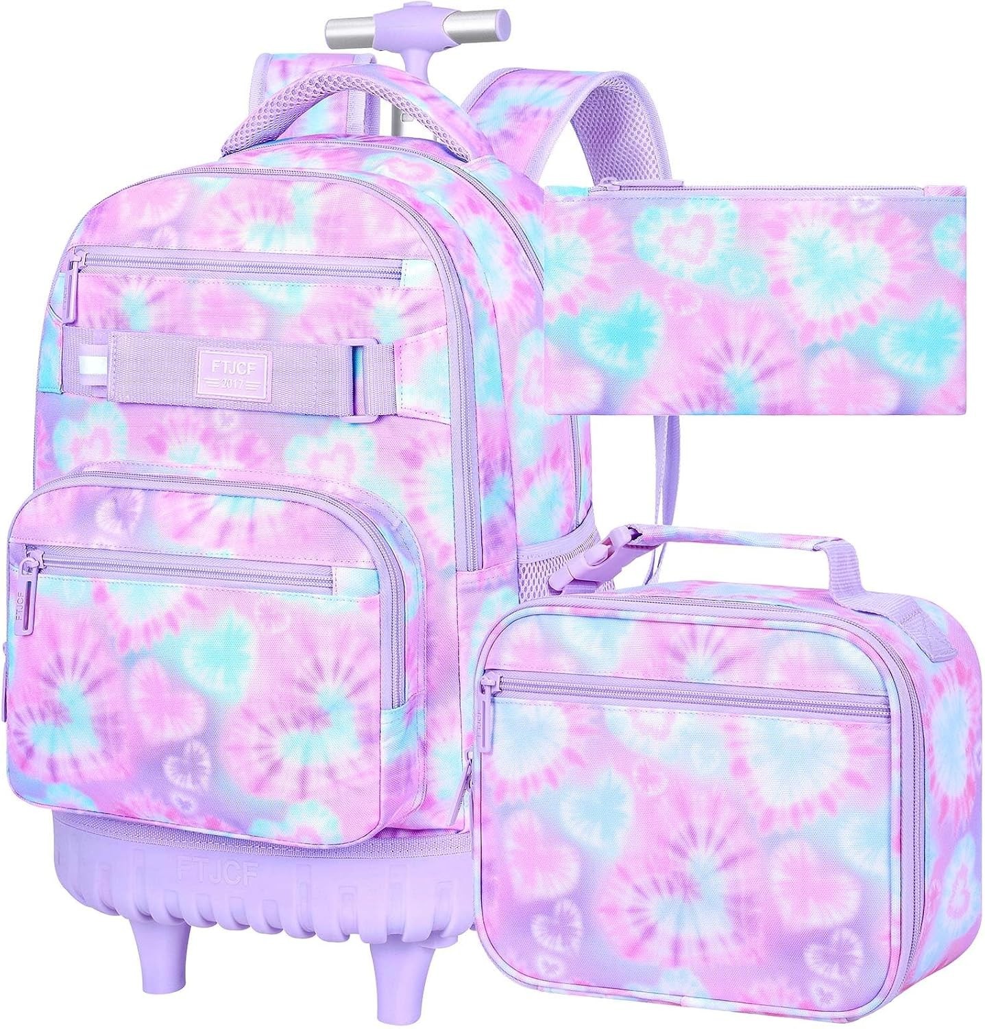 3PCS Kids Backpack with Wheels for Girls, Women Tie Dye Love Purple Rolling Back