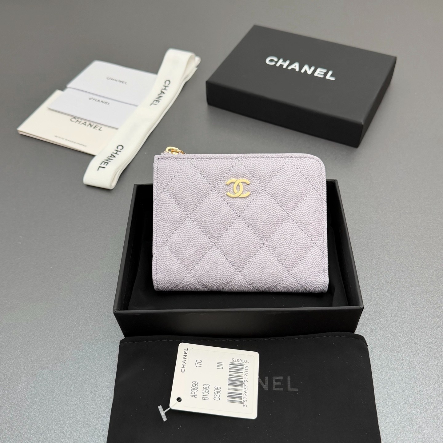 Chanel AP3999 Light Lavender Quilted Caviar Leather Zip Wallet Gold CC 11.5cm