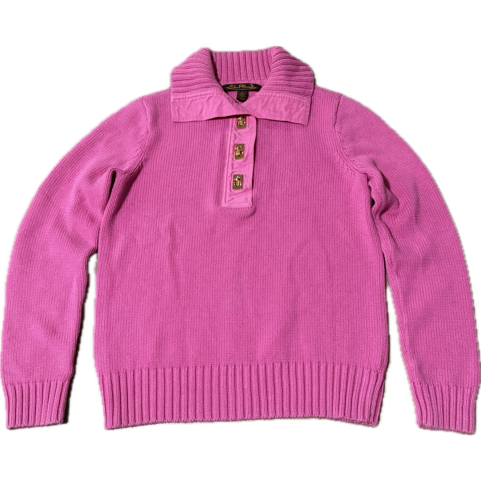 Vintage Lauren Ralph Lauren Pink Cotton Knit Quarter Button Sweater Y2K S