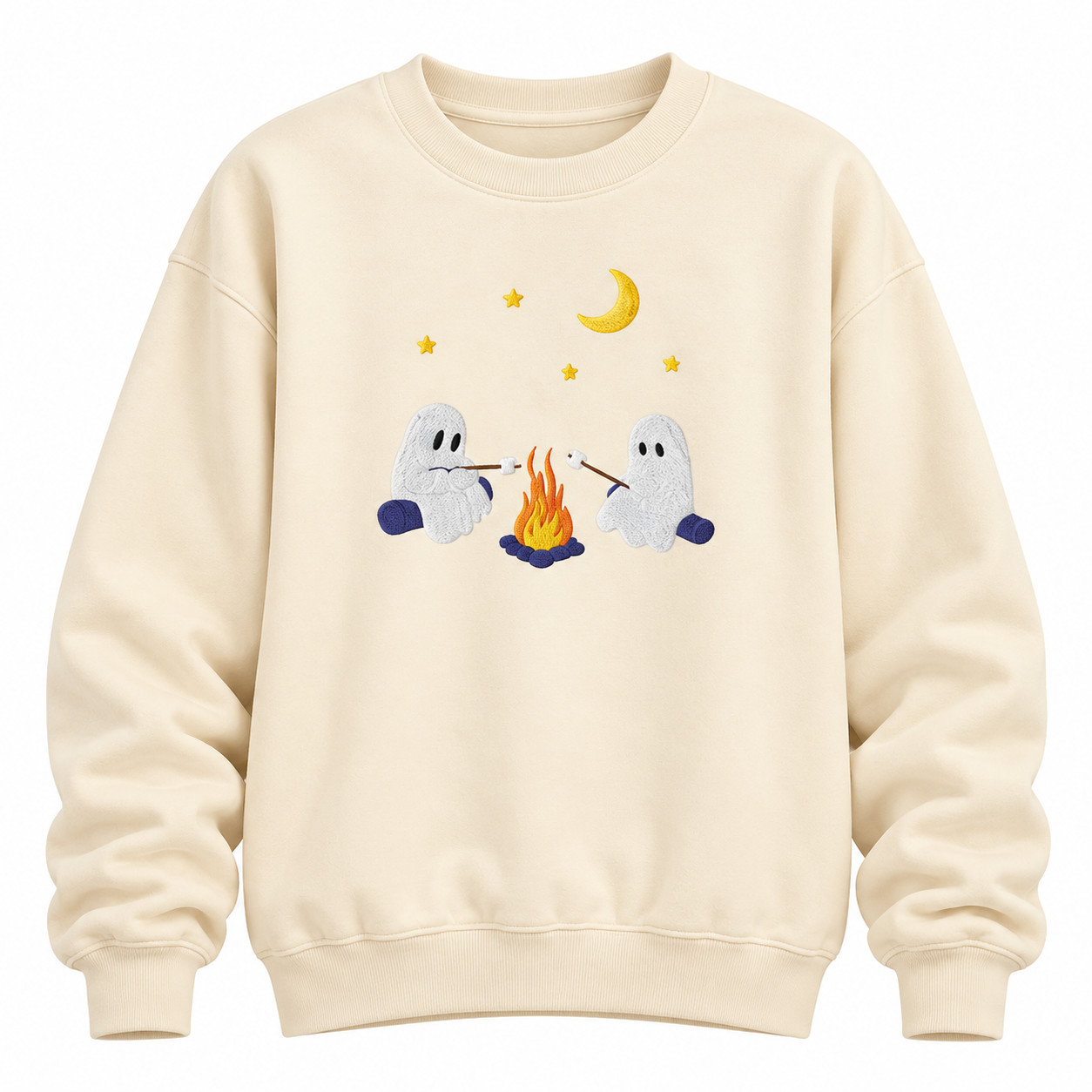 Cute Ghost Campfire Halloween Sweatshirt, Spooky Camping Embroidered Crewneck