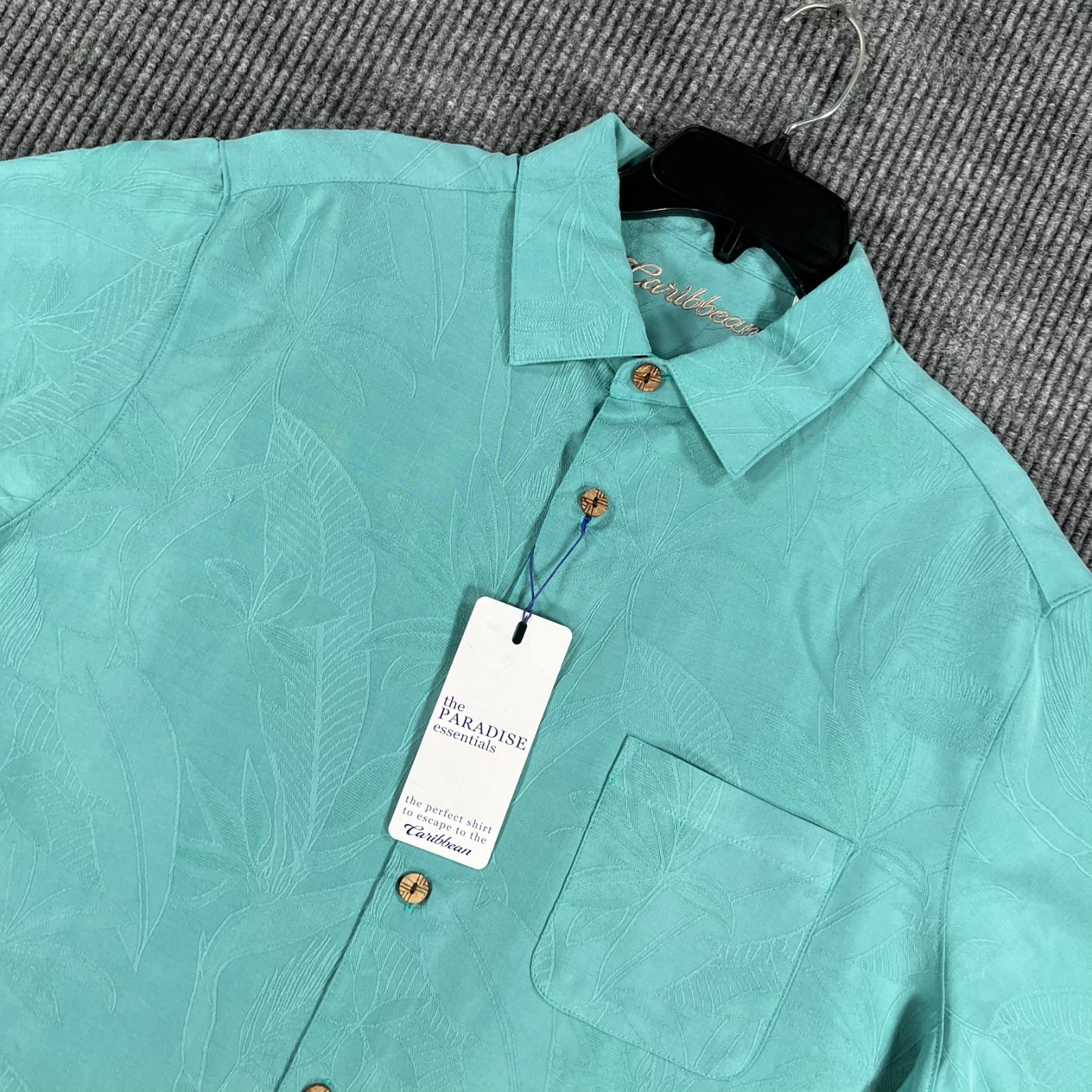Caribbean Shirt Mens Large Teal Green Short Sleeve Button Up Beach Casual New