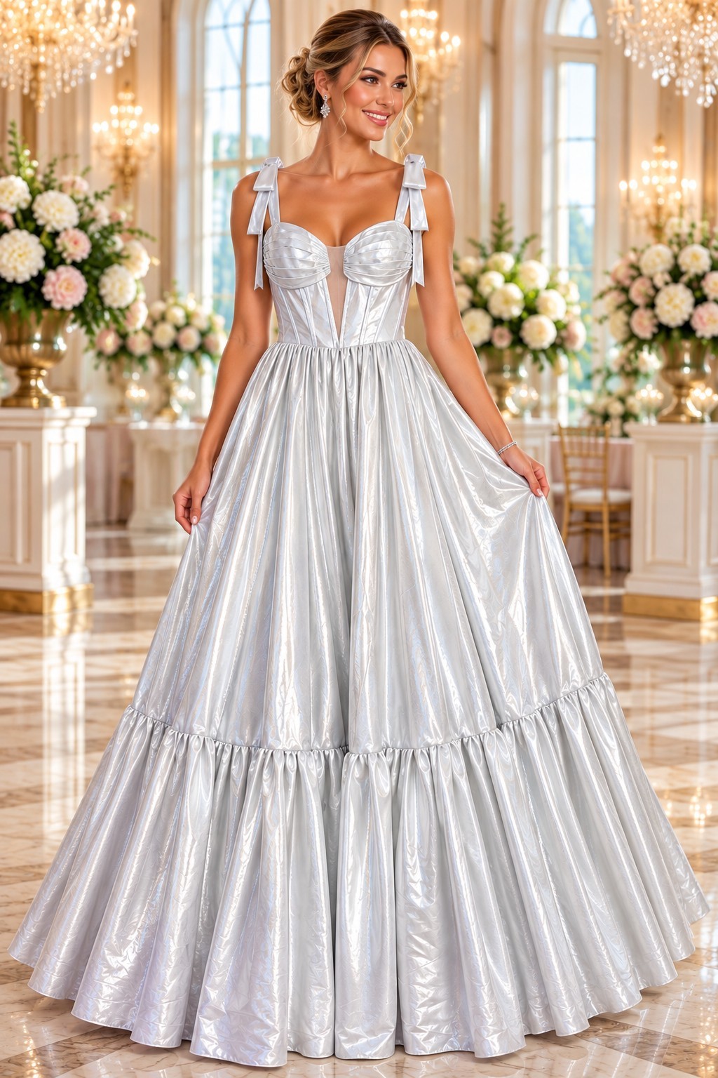 Jovani Couture Size 16 Silver Shinny Corset Full Skirt Formal Maxi Dress