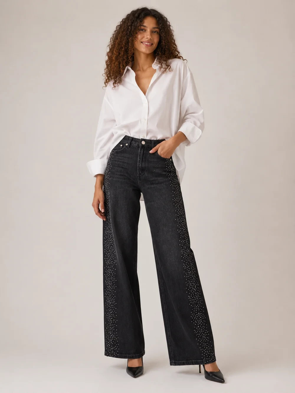 GL for Her Wide Leg Rhinestone Side Jeans