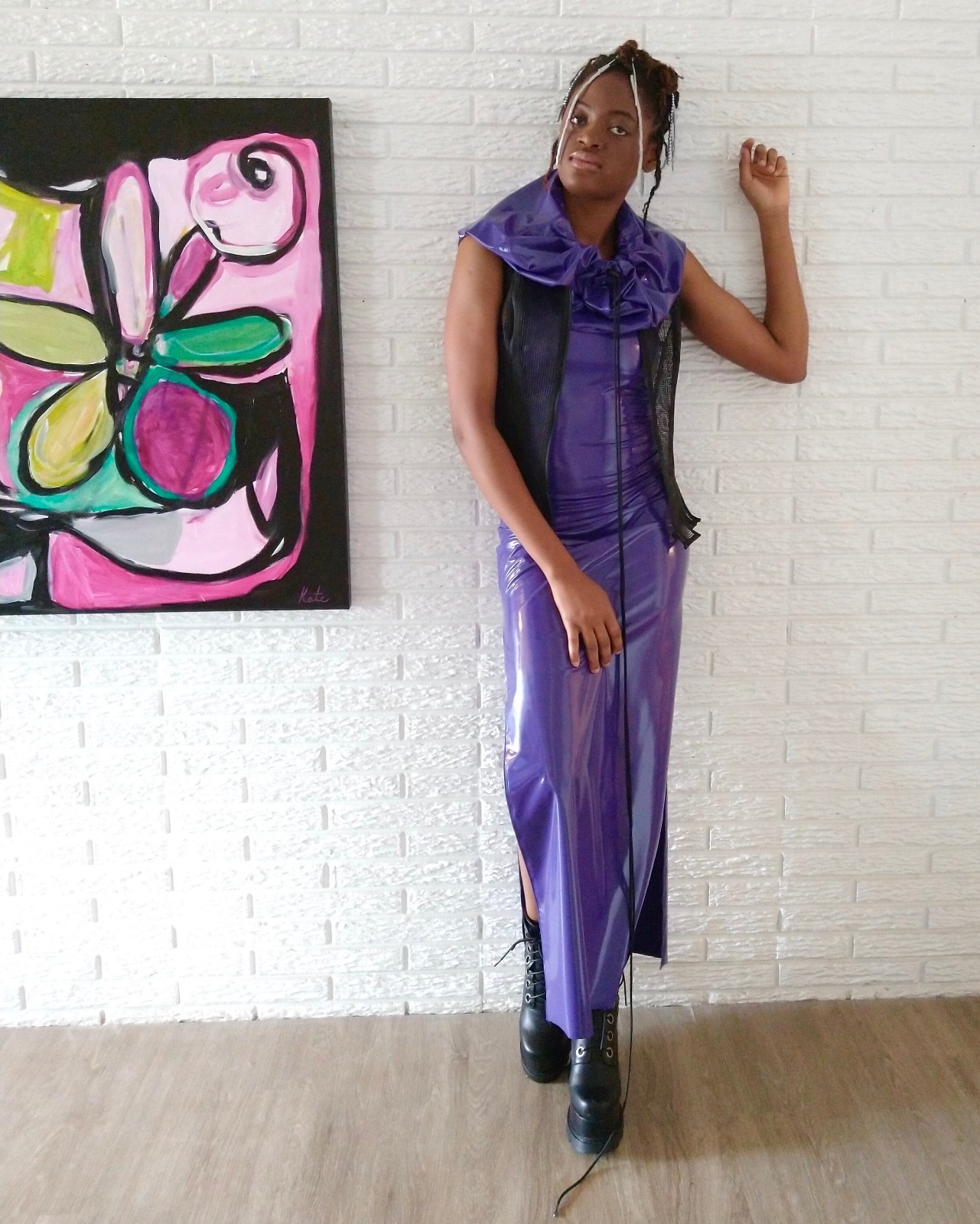 DEFENSE MECHANISM Maxi Dress - Size M - Purple Hooded PVC Cyber Goth Futuristic