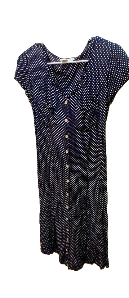 Vintage Ann Taylor Polka Dot V-Neck Cap Sleeve Button Front Midi Dress Size 4