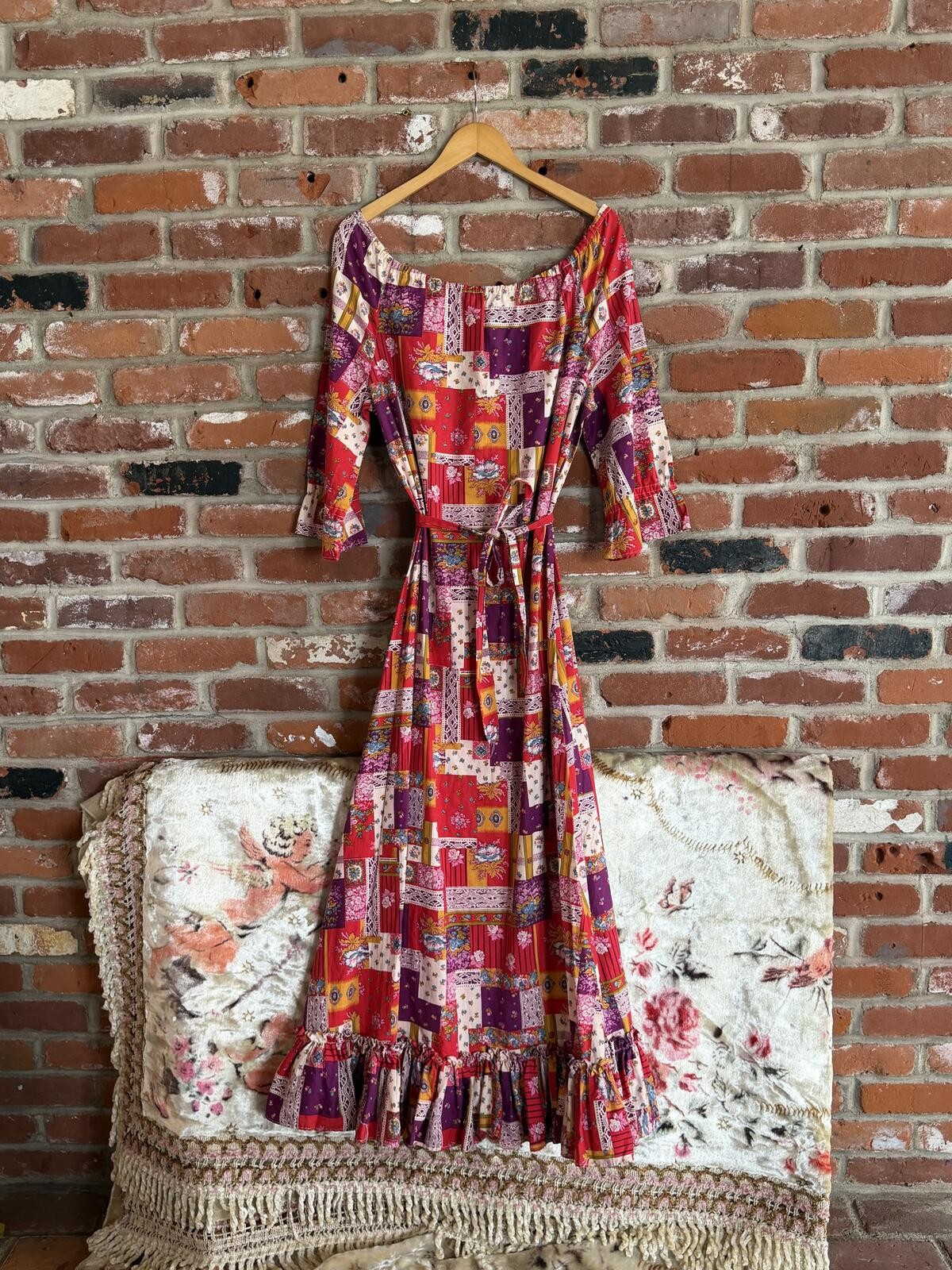 1970s Women’s Patchwork Print Maxi Dress with Tie Waist and Ruffle Hem