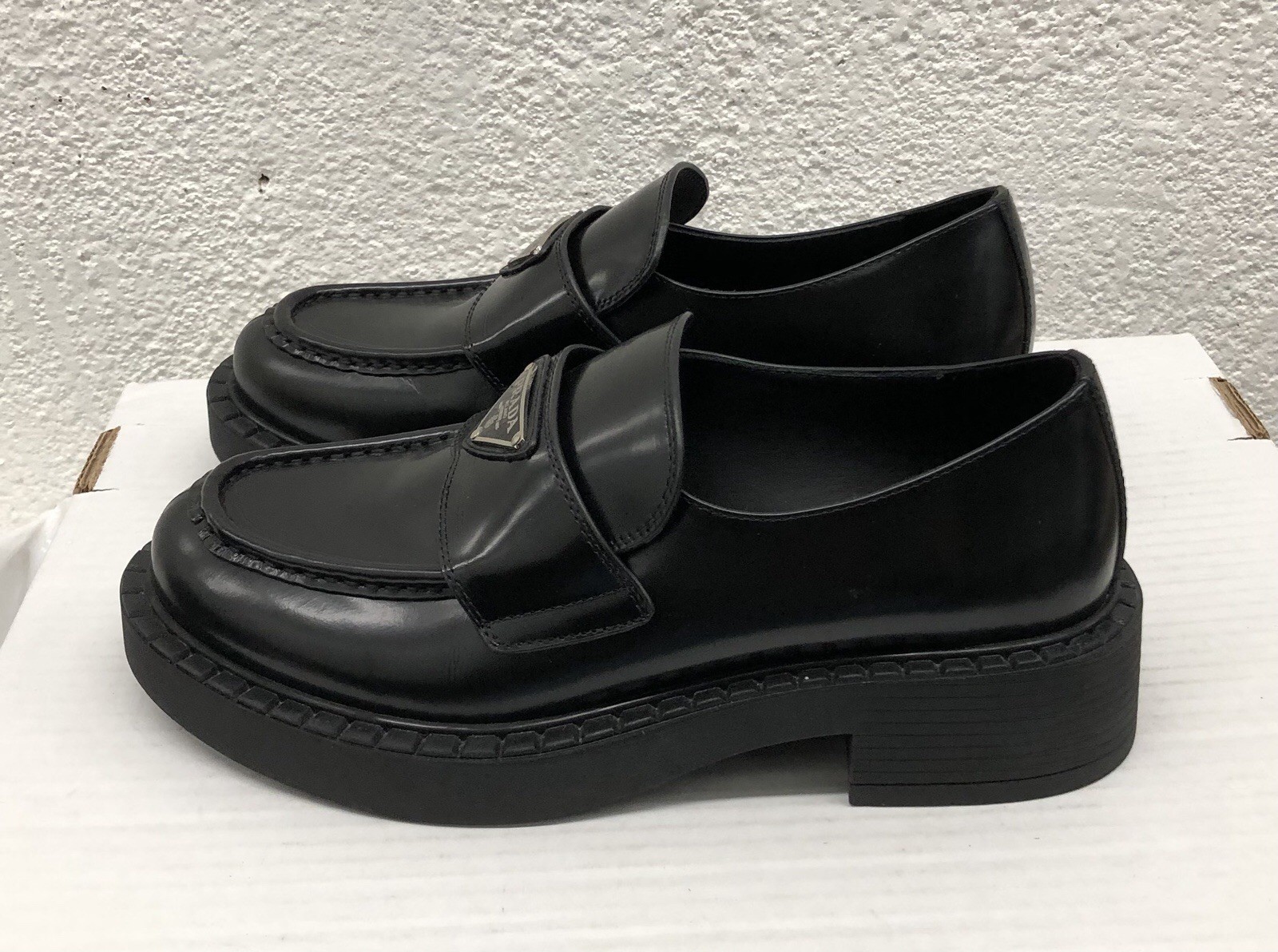 Prada Brushed Leather Flat Triangle Chunky Lug Loafers Monolith 39 EU 9 US H270