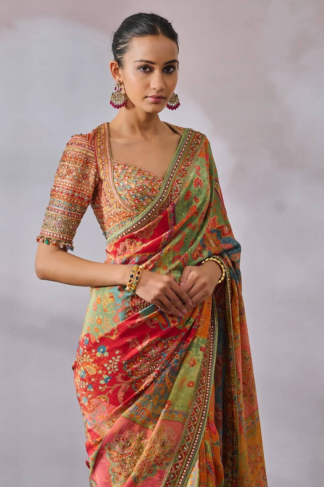Indian Designer Saree Chinon Silk Hand Embroidery Mirror Work Ethnic Wear Sari