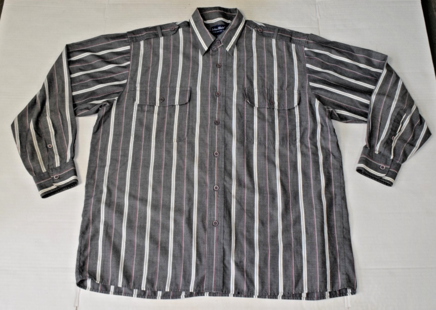 Vintage Mens John Blair Shirt Size L Gray Stripe Back Hole Grunge Epaulettes