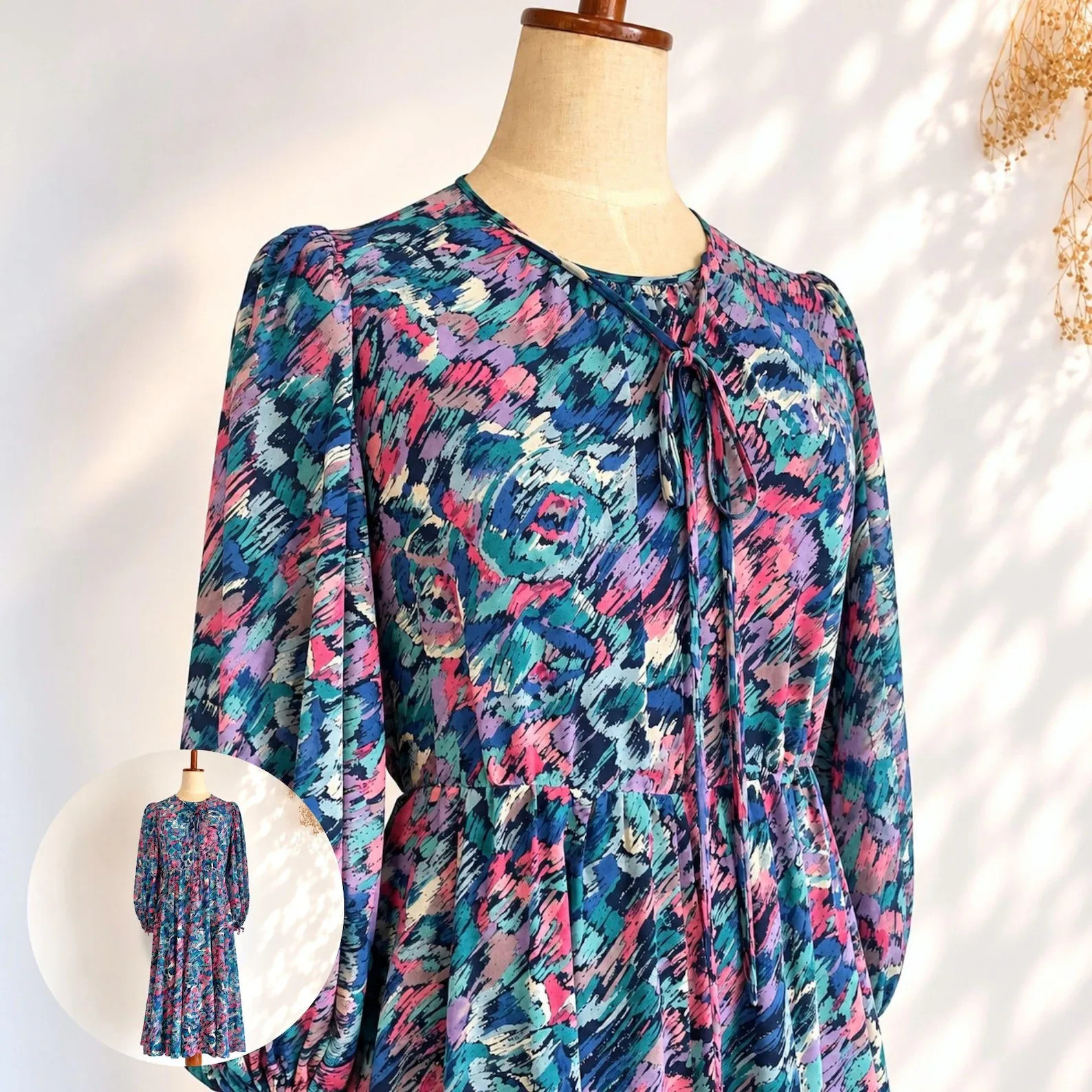 VTG 80s MURAKI Abstract Print Midi Dress Long Sleeve Cupro Lined Womens S M