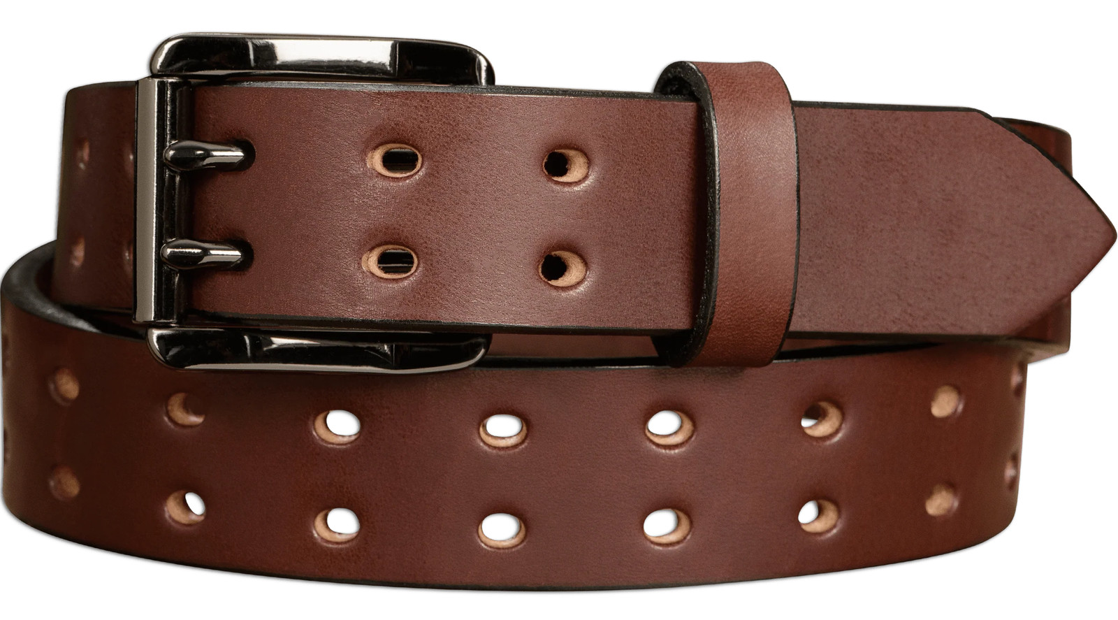 The Holey Bull: Men's Brown Non Stitched Double Prong Leather Belt With Gunmetal