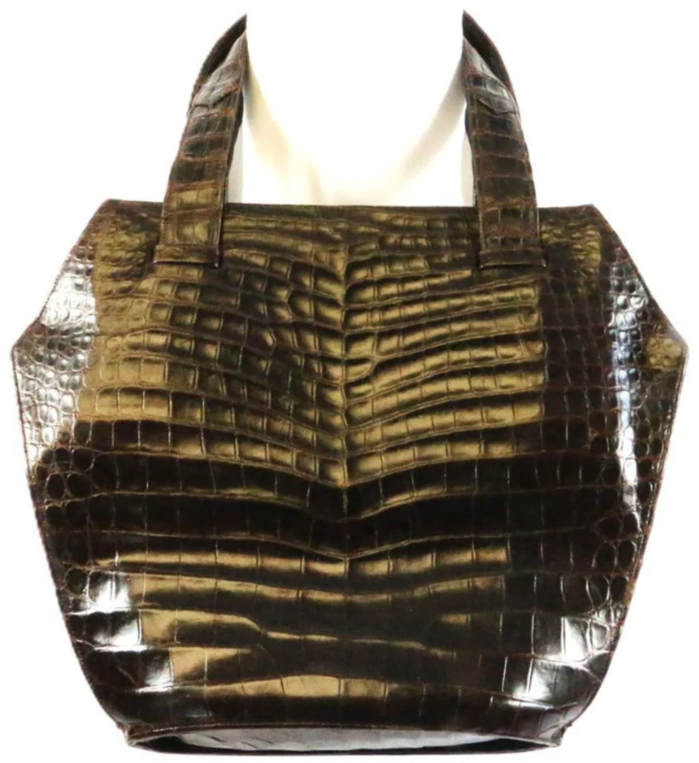 Handmade VNTG Nettie Rosenstein Glossy Brown Crocodile Handbag Made in Italy