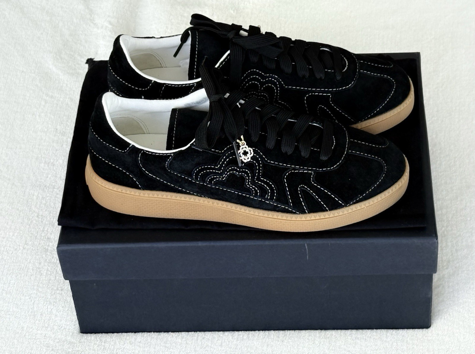 Maje New Black Suede Sneakers Clover Charm Accent Size 39