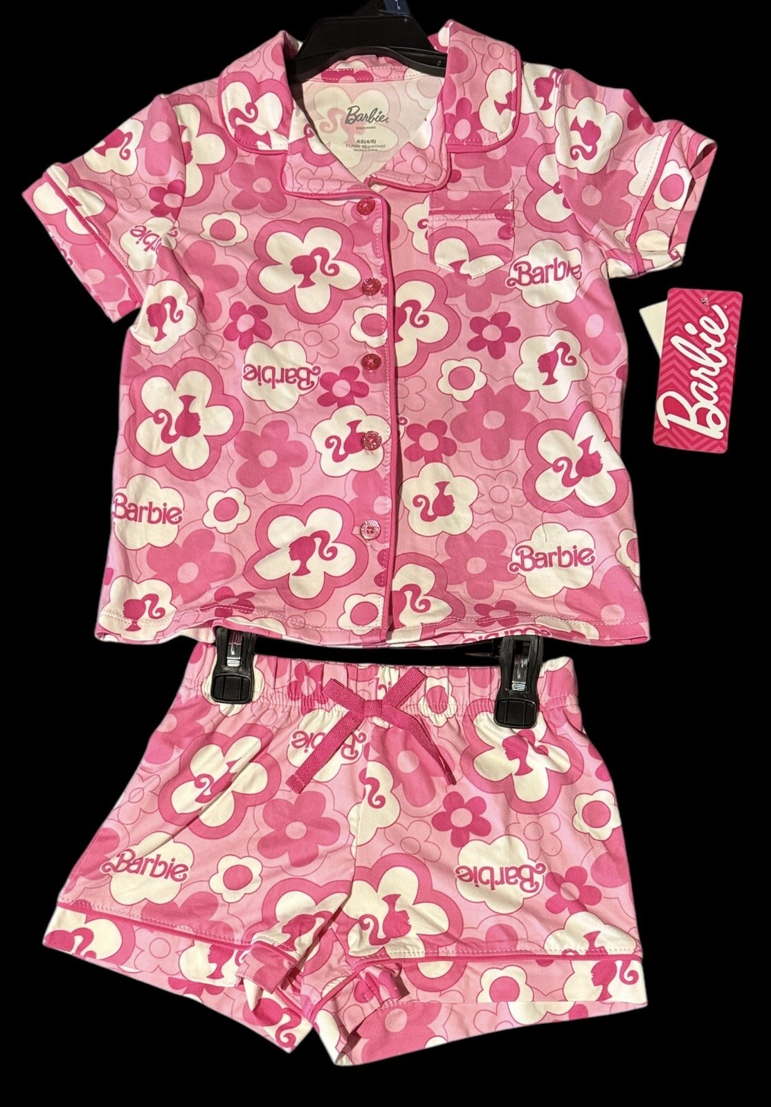 NWT Girls Barbie Pajamas Sleep Set Button Shirt Shorts Pink Flower XS4/5 S6 M7/8