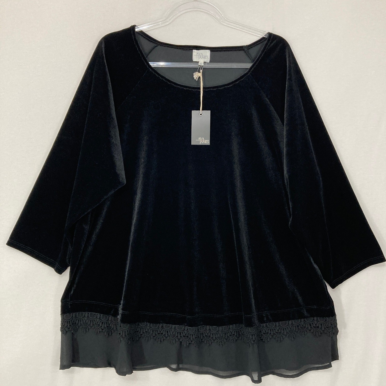 New Ava James Velvet Tunic 2X Black Lace Trim Sheer Layered Hem 3/4 Sleeve