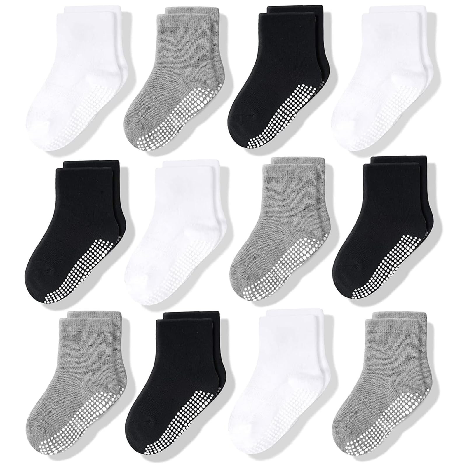 Non-Slip Crew Grip Socks Black/White/gray - 12 pairs, 1-3 Years Old, Unisex