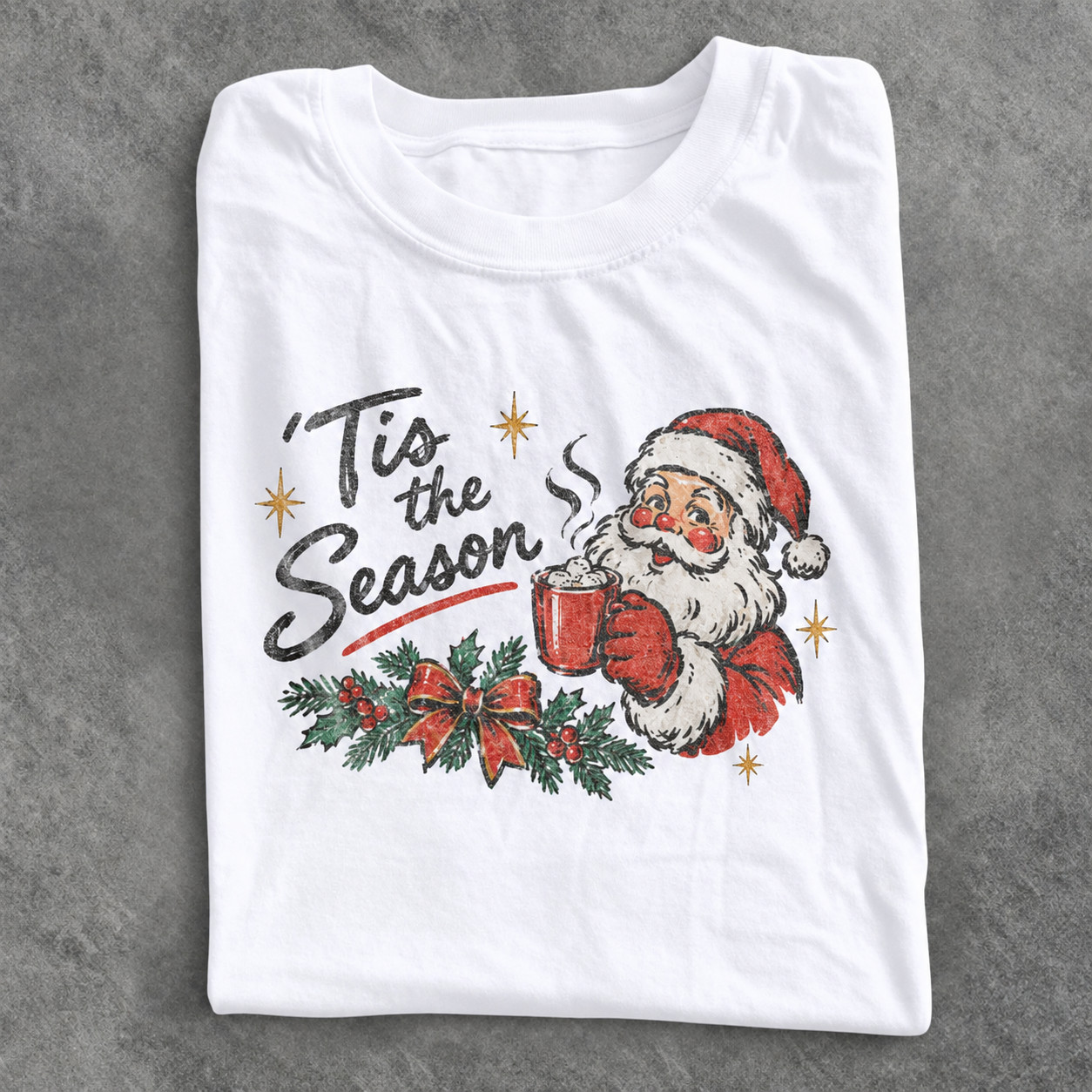 Vintage Santa Claus Hot Cocoa Christmas T Shirt Tis The Season Retro Holiday Tee