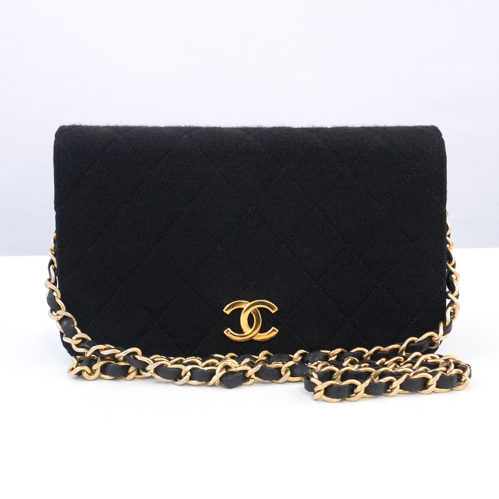 CHANEL CC Matelasse Chain Shoulder Bag Cotton Jersey Black Auth #50247B