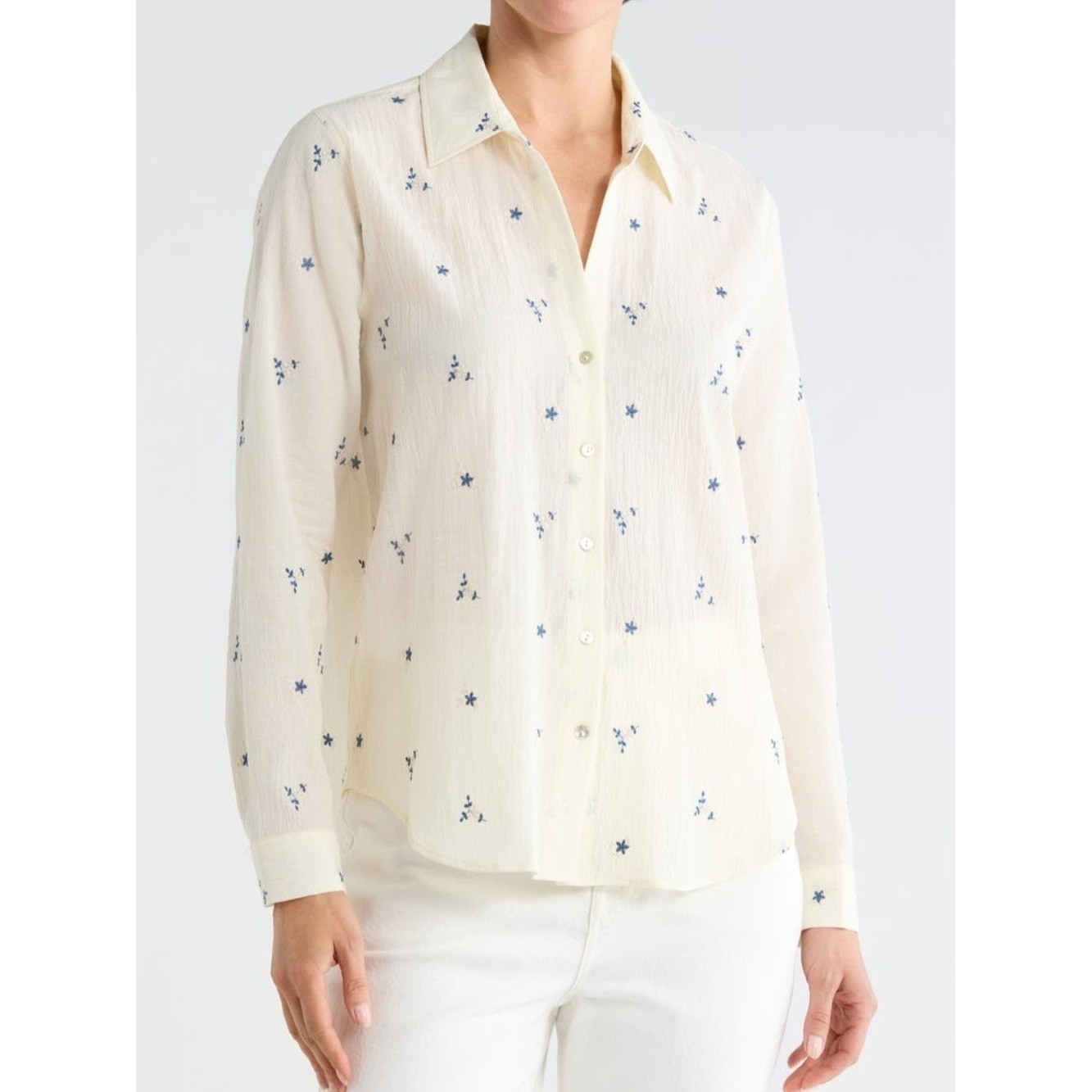 LAGENCE Dani Blouse Ivory Navy Floral Embroidered Crinkle Button Down XS NEW